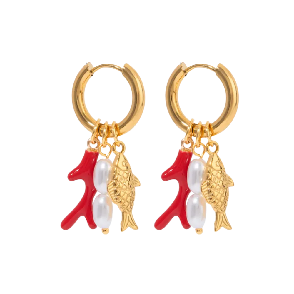 Fish, Coral, and Synthetic Pearl Charms Dangling Huggie Hoop Earrings - Pair - Gold Plated Stainless Steel