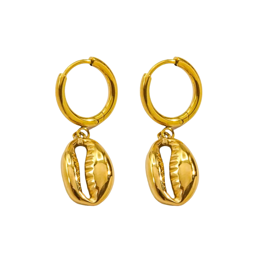 Puka Shell Dangling Huggie Hoop Earrings - Pair - 14K Gold Plated Stainless Steel