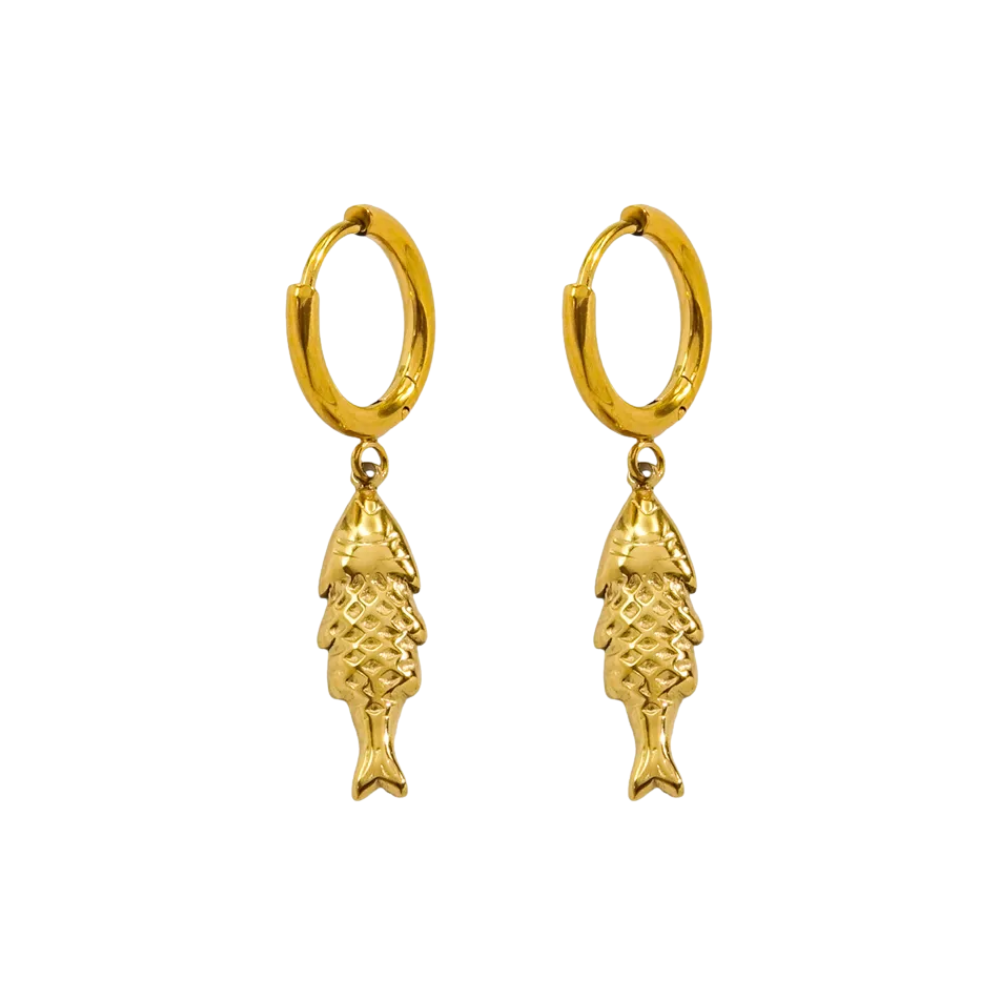 Fish Dangling Huggie Hoop Earrings - Pair - 14K Gold Plated Stainless Steel