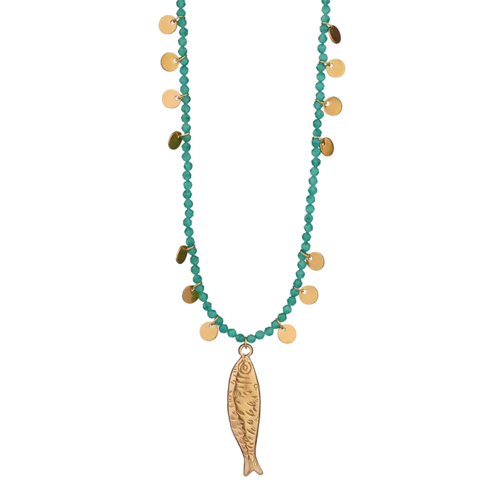 Green Beaded Fish Charm Necklace