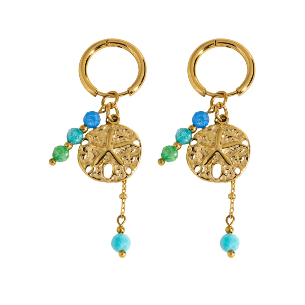 Sand Dollar and Beaded Charms Dangling Huggie Hoop Earrings - Pair - Gold Plated Stainless Steel