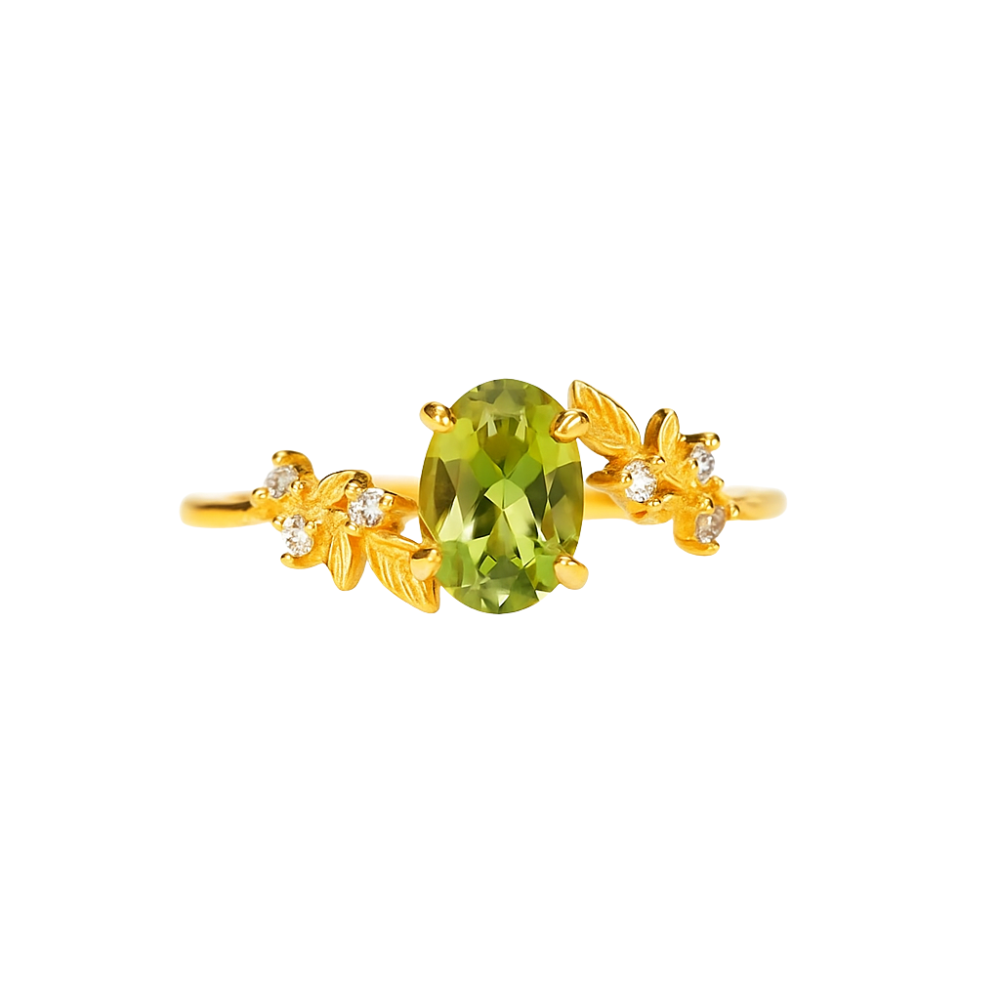 Peridot Green Crystal Leaf Adjustable Ring - Gold Plated 925 Sterling Silver