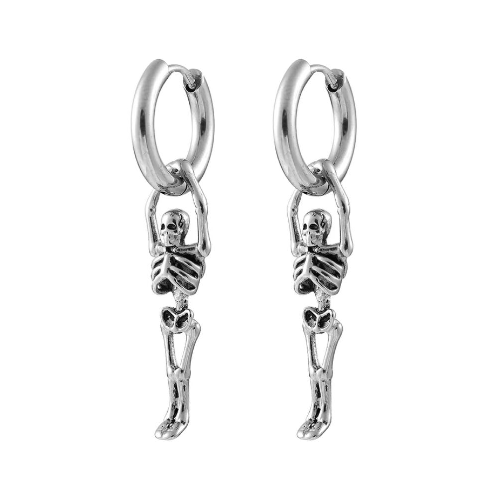 Skeleton Dangling Huggie Hoop Earrings - Pair - 316L Stainless Steel