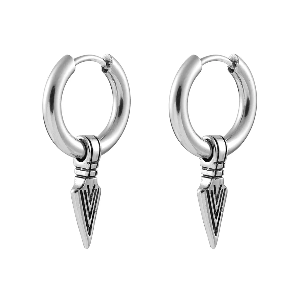 Tribal Spike Dangling Huggie Hoop Earrings - Pair - 316L Stainless Steel