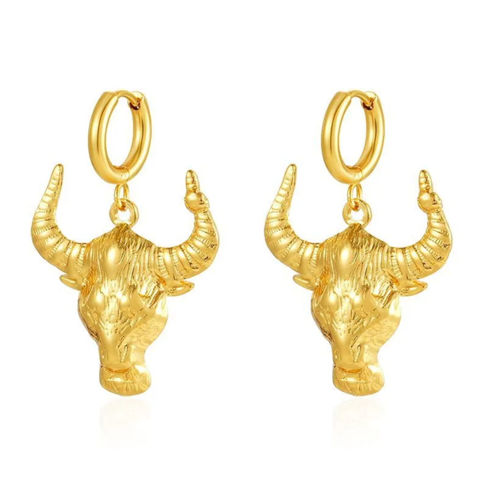 Bull Head Dangling Huggie Hoop Earrings - Pair - 304 Stainless Steel