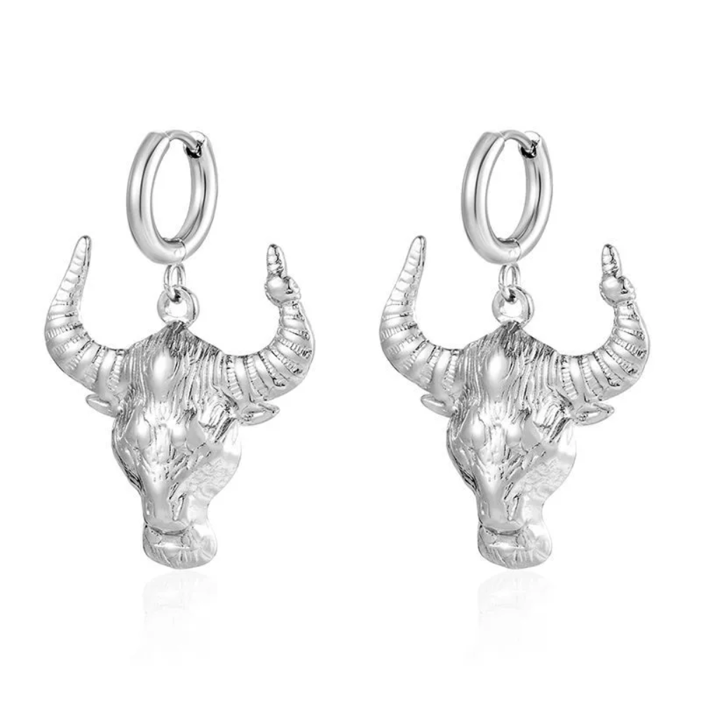 Bull Head Dangling Huggie Hoop Earrings - Pair - 304 Stainless Steel