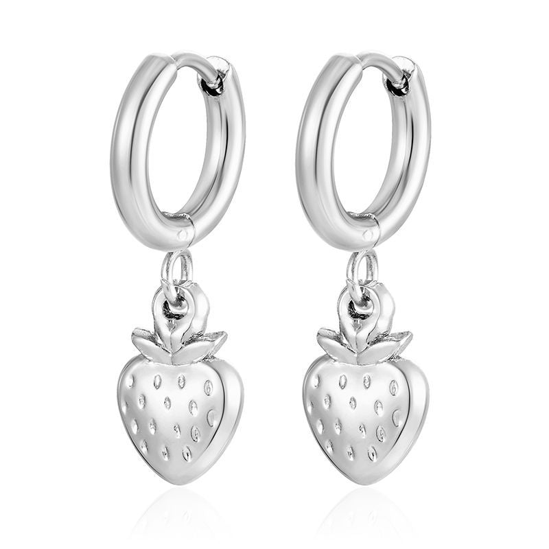Strawberry Dangling Huggie Hoop Earrings - Pair - 304 Stainless Steel