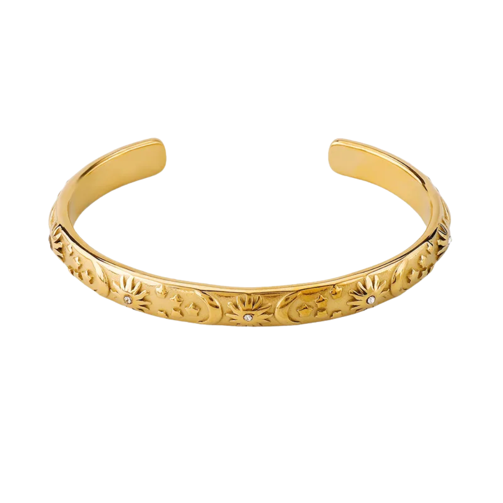 Sun Moon and Star Lined Open Cuff Bangle Bracelet - 304 Stainless Steel