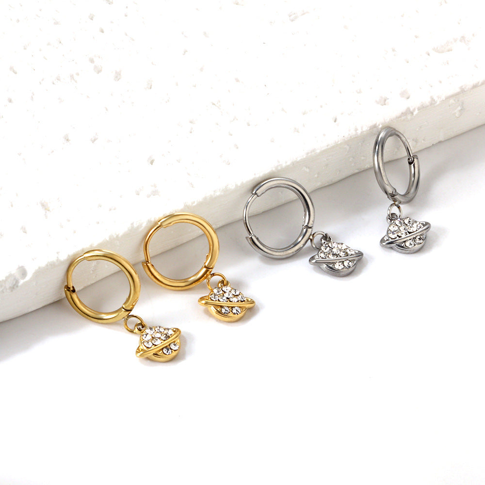 Crystal Planet Dangling Huggie Hoop Earrings - Pair - 304 Stainless Steel