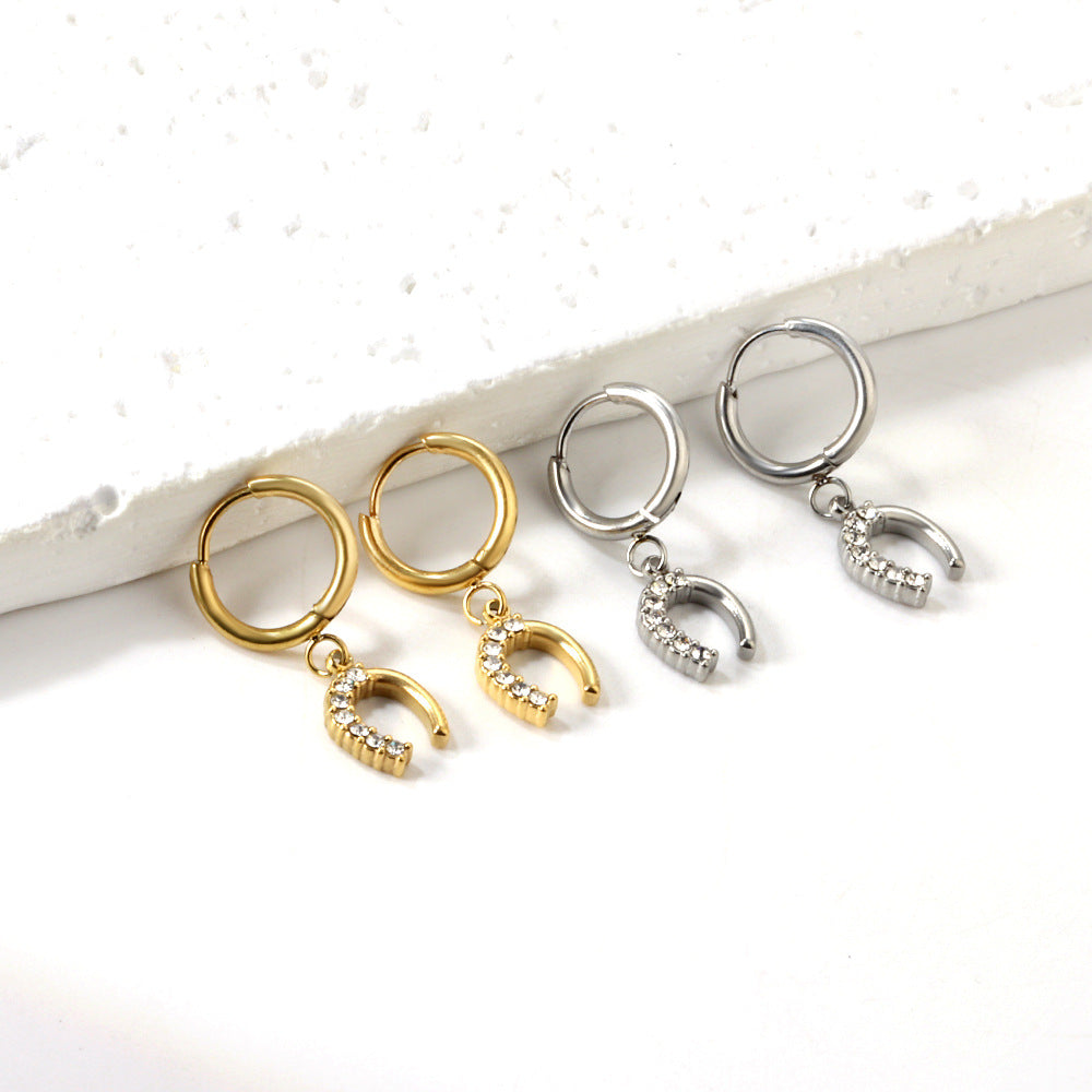 Crystal Horseshoe Dangling Huggie Hoop Earrings - Pair - 304 Stainless Steel
