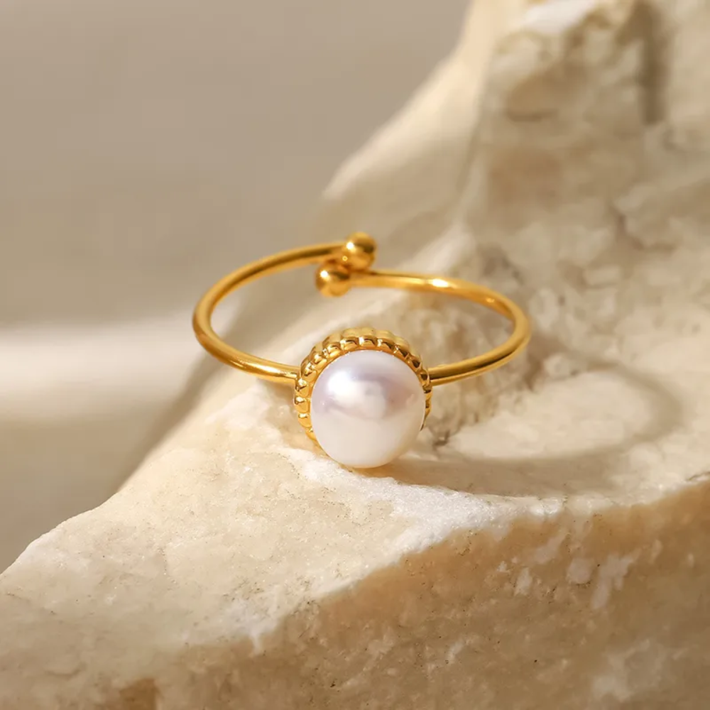 Adjustable Simulated Pearl Ring - Gold Plated Stainless Steel