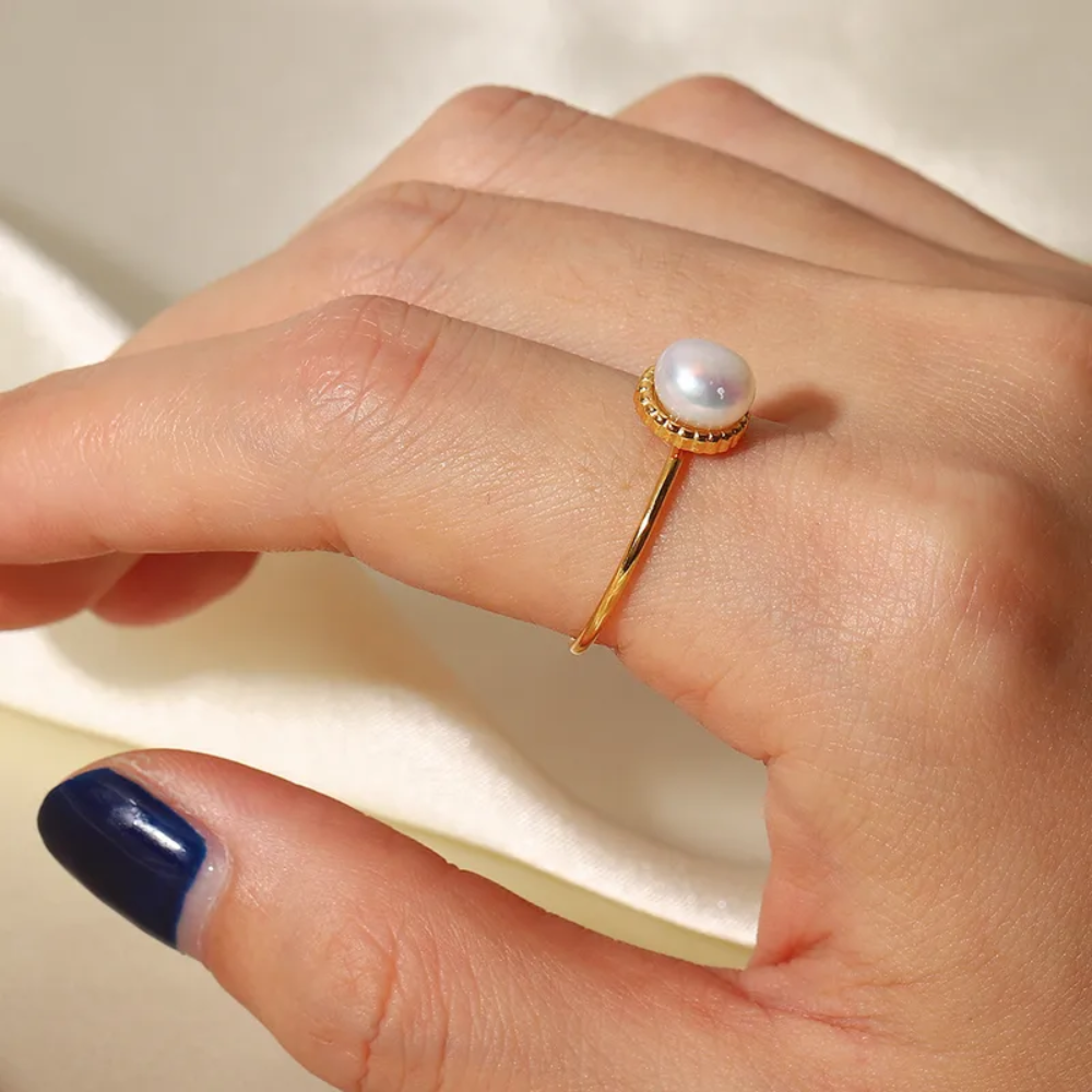 Adjustable Simulated Pearl Ring - Gold Plated Stainless Steel