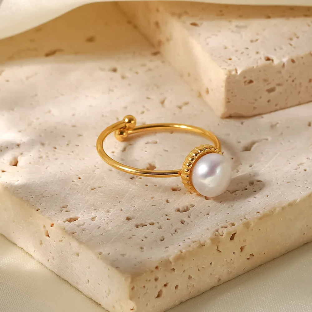 Adjustable Simulated Pearl Ring - Gold Plated Stainless Steel