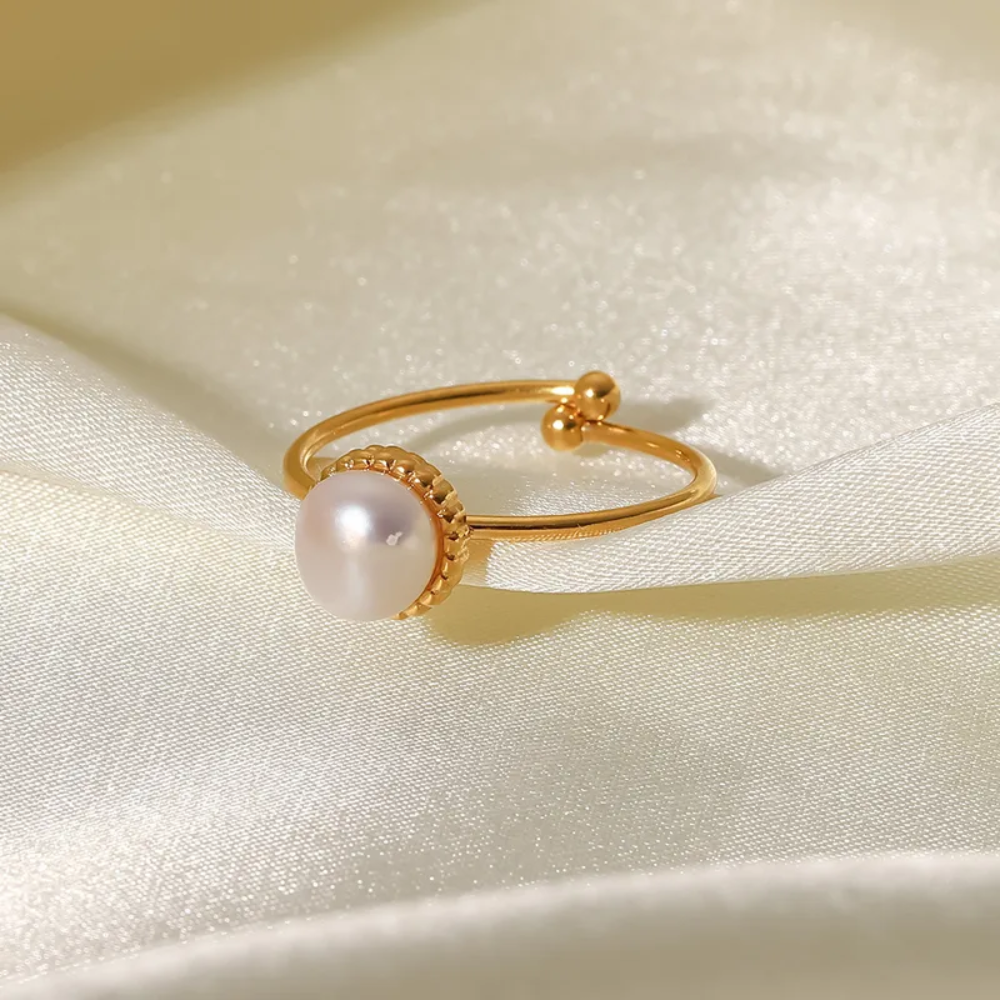 Adjustable Simulated Pearl Ring - Gold Plated Stainless Steel