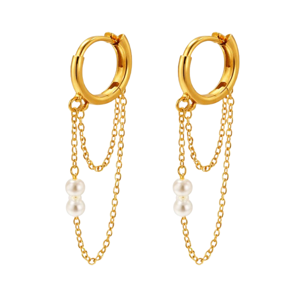 Simulated Pearls Double Dangling Chain Huggie Hoop Earrings - Pair - 18K Gold Plated 304 Stainless Steel