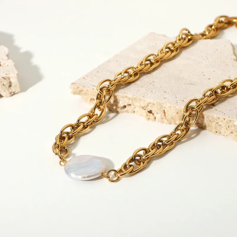 Faux Pearl Chain Necklace - Gold Plated Stainless Steel
