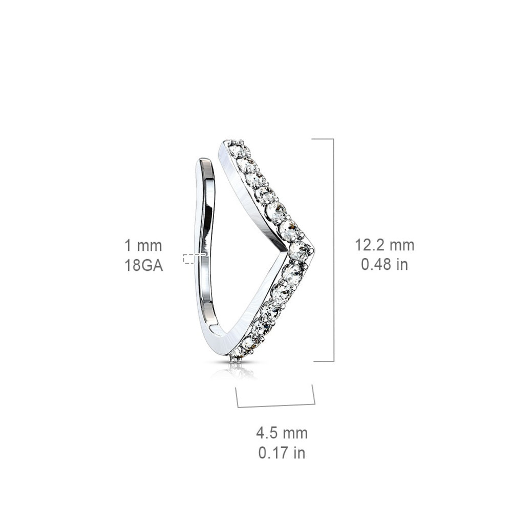 CZ Crystal Lined Chevron Arrow Clip On Fake Non-Piercing Nose Ring- 316L Stainless Steel
