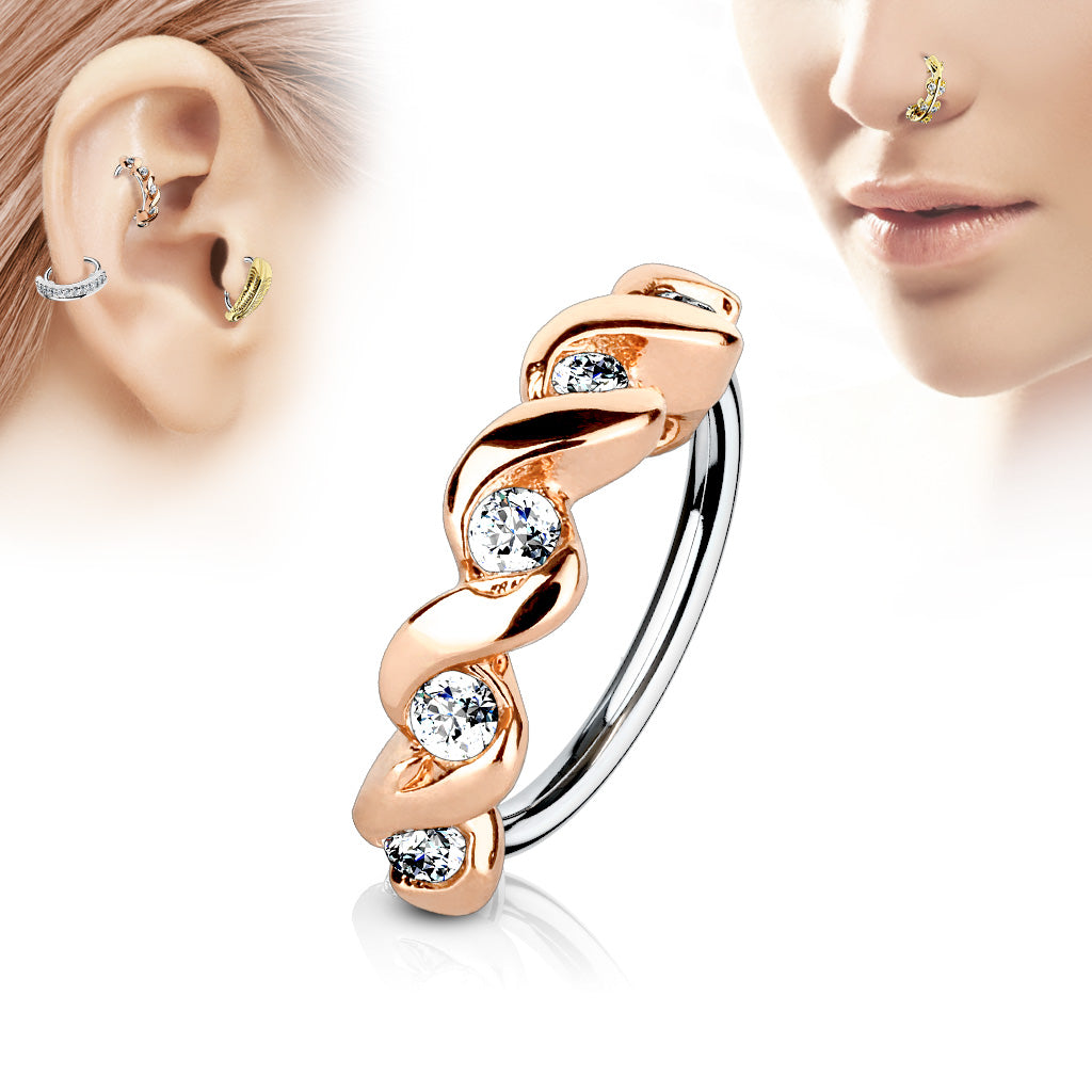 Twisted Half Circle with Set CZ Crystals Bendable Hoop - 316L Stainless Steel