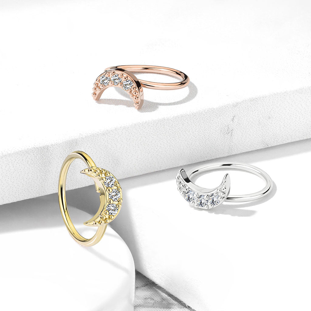 CZ Crystal Paved Crescent Moon Hoop Nose Ring - Brass