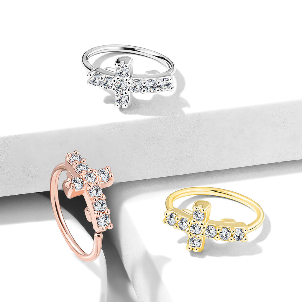 CZ Paved Cross Top Bendable Nose Ring
- Stainless Steel