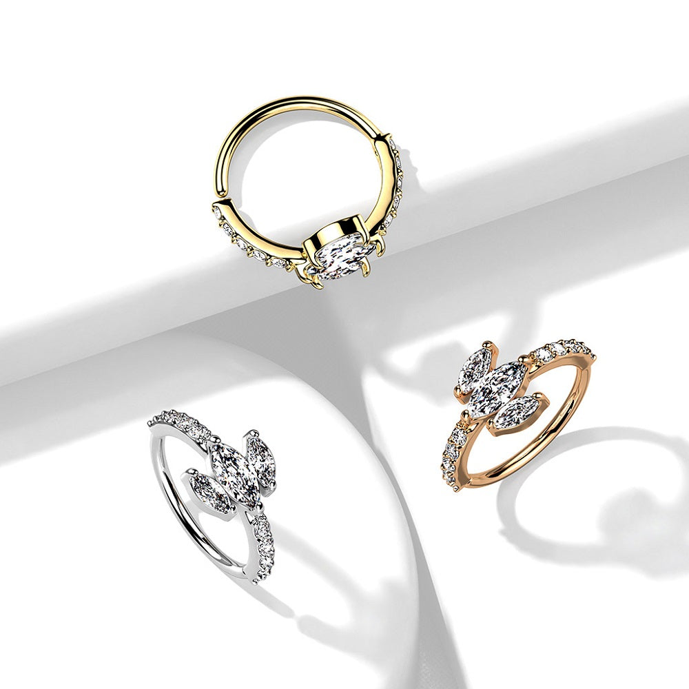 Triple Marquise CZ Crystals with Paved Sides Bendable Hoop Ring
- Brass
