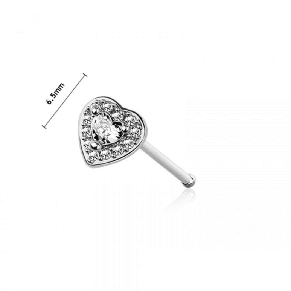 CZ Crystal Paved Heart Nose Bone Stud - 316L Stainless Steel