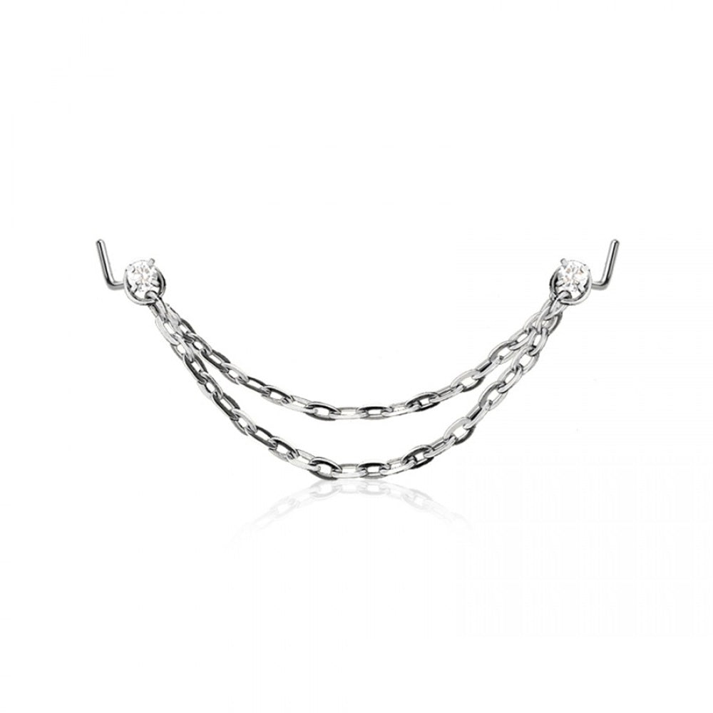 Prong Set CZ Crystal L-Bend Nose Studs with Double Connecting Chains - 316L Stainless Steel