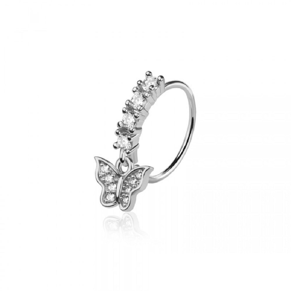 CZ Crystal Lined Hoop with Dangling Crystal Paved Butterfly Charm Bendable Nose Ring - 316L Stainless Steel
