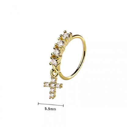 CZ Crystal Lined Hoop with Dangling Cross Charm Bendable Nose Ring - 316L Stainless Steel