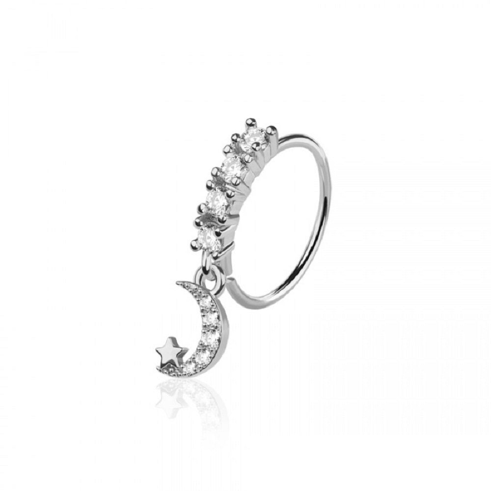 CZ Crystal Lined Hoop with Dangling Crescent Moon and Star Charm Bendable Nose Ring - 316L Stainless Steel