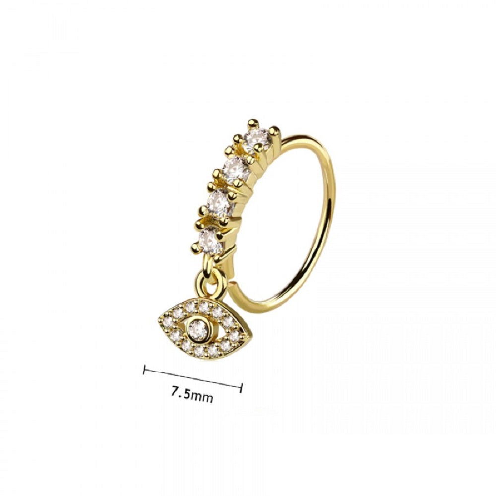 CZ Crystal Lined Hoop with Dangling Evil Eye Charm Bendable Nose Ring - 316L Stainless Steel