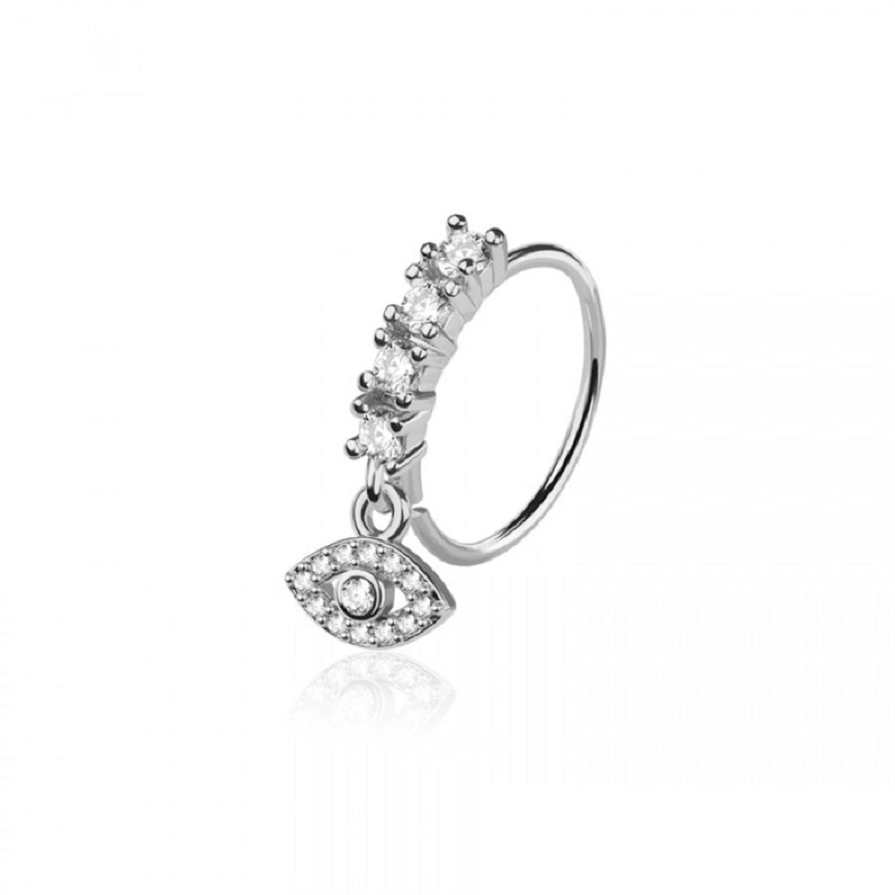 CZ Crystal Lined Hoop with Dangling Evil Eye Charm Bendable Nose Ring - 316L Stainless Steel