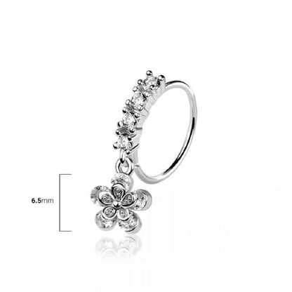CZ Crystal Lined Hoop with Dangling Daisy Flower Bendable Nose Ring - 316L Stainless Steel