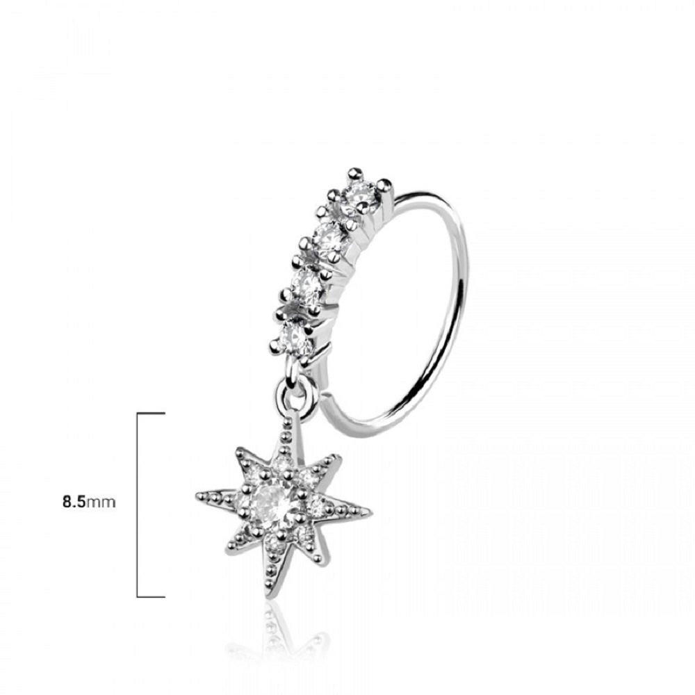 CZ Crystal Lined Hoop with Dangling Starburst Bendable Nose Ring - 316L Stainless Steel
