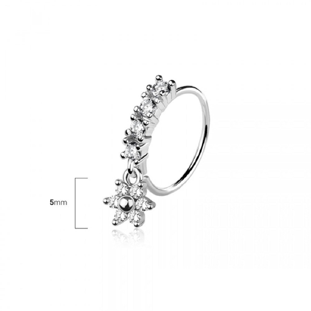 CZ Crystal Lined Hoop with Dangling Flower Bendable Nose Ring - 316L Stainless Steel