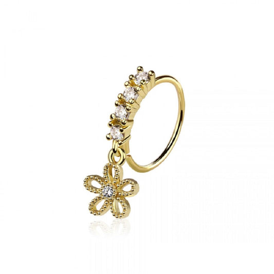 CZ Crystal Lined Hoop with Dangling Cutout Flower Bendable Nose Ring - 316L Stainless Steel