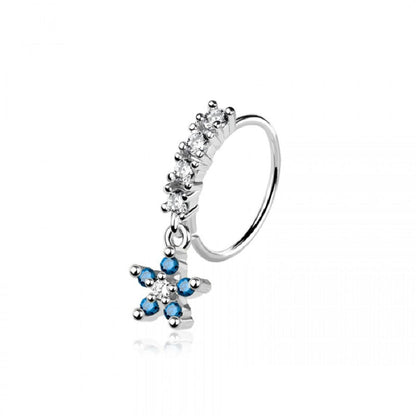 CZ Crystal Lined Hoop with Dangling Blue Flower Charm Bendable Nose Ring - 316L Stainless Steel