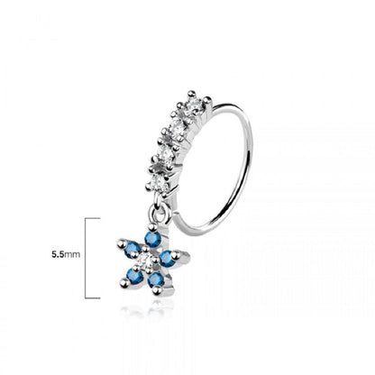 CZ Crystal Lined Hoop with Dangling Blue Flower Charm Bendable Nose Ring - 316L Stainless Steel