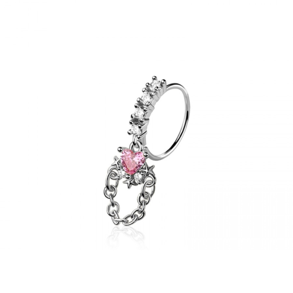 CZ Crystal Heart with Dangling Chain Bendable Nose Ring - 316L Stainless Steel