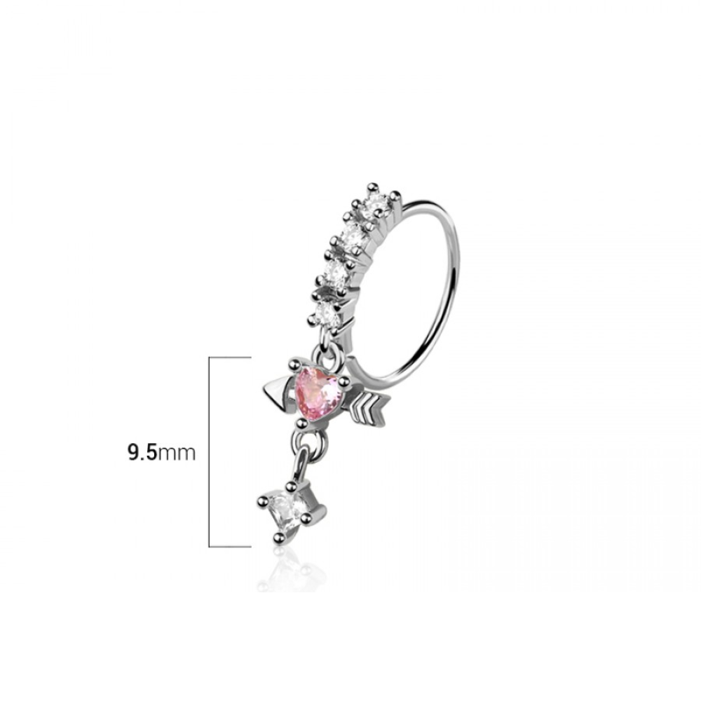 CZ Crystal Dangling Heart and Arrow Bendable Nose Ring - 316L Stainless Steel
