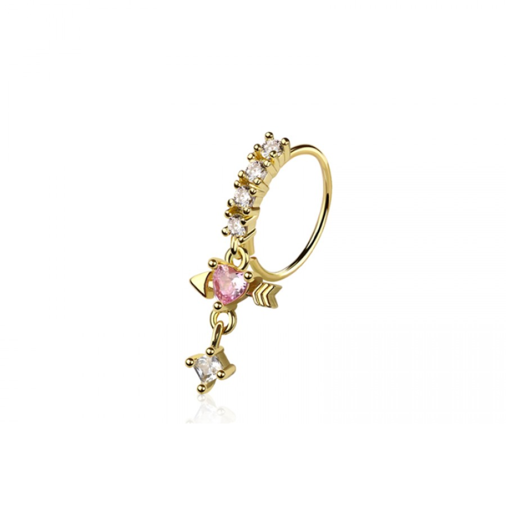 CZ Crystal Dangling Heart and Arrow Bendable Nose Ring - 316L Stainless Steel