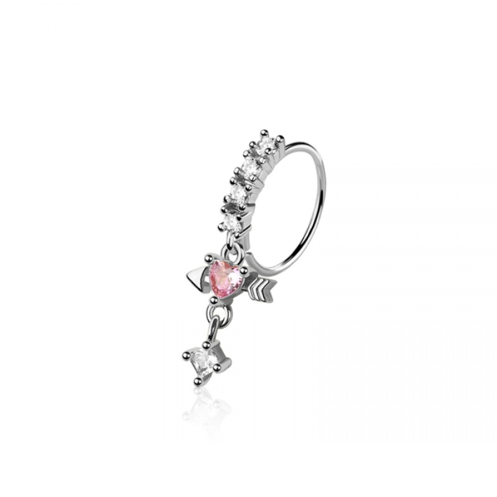 CZ Crystal Dangling Heart and Arrow Bendable Nose Ring - 316L Stainless Steel
