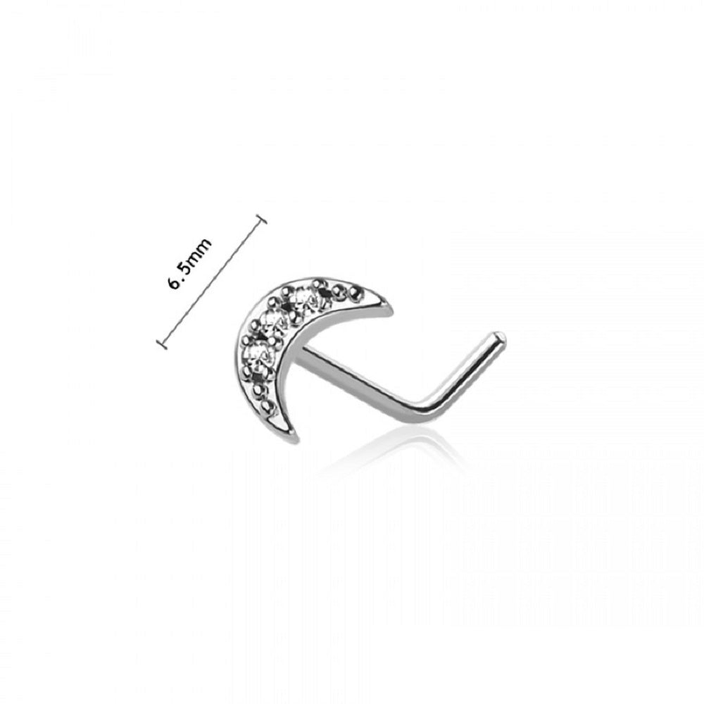 CZ Crystal Paved Crescent Moon Top L-Bend Nose Stud