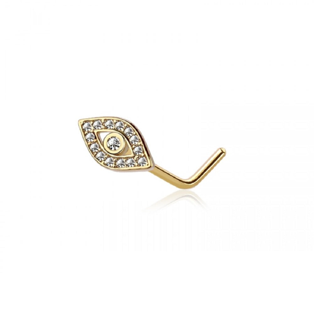 CZ Crystal Paved Evil Eye Top L-Bend Nose Stud - 316L Stainless Steel