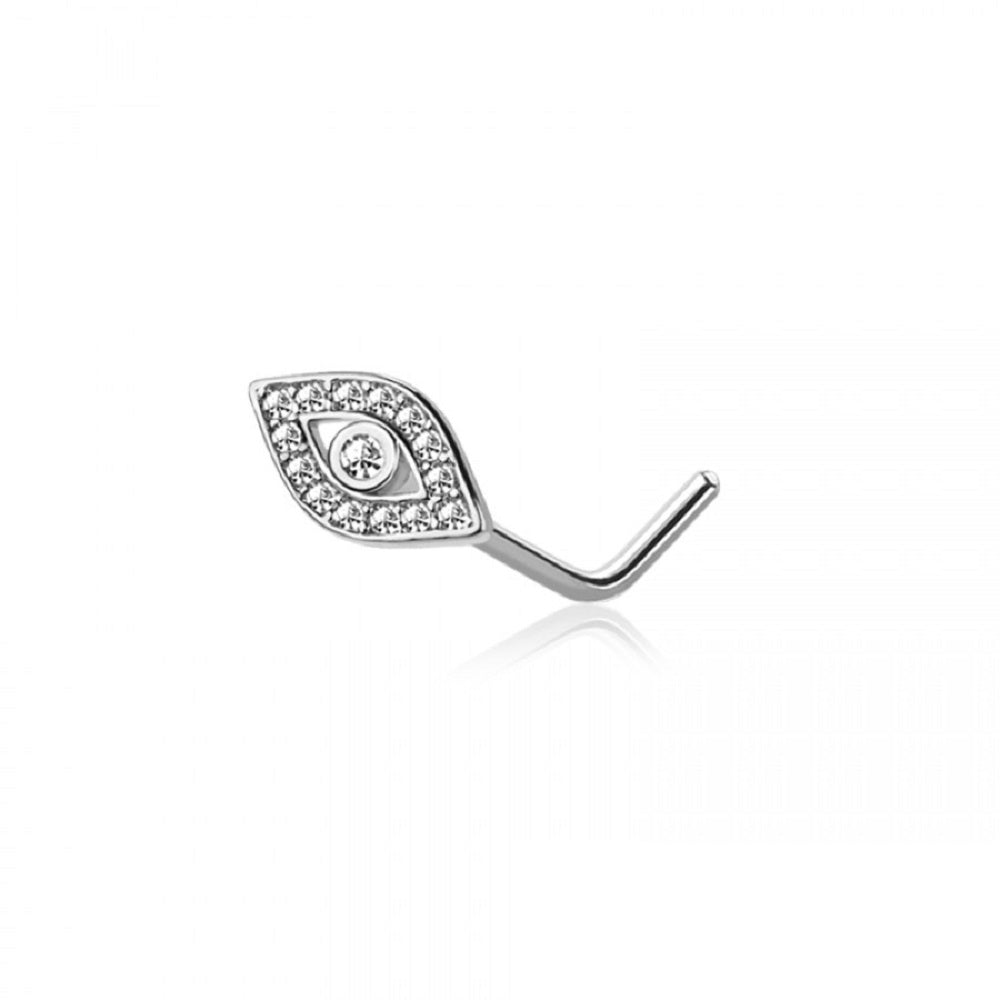 CZ Crystal Paved Evil Eye Top L-Bend Nose Stud - 316L Stainless Steel