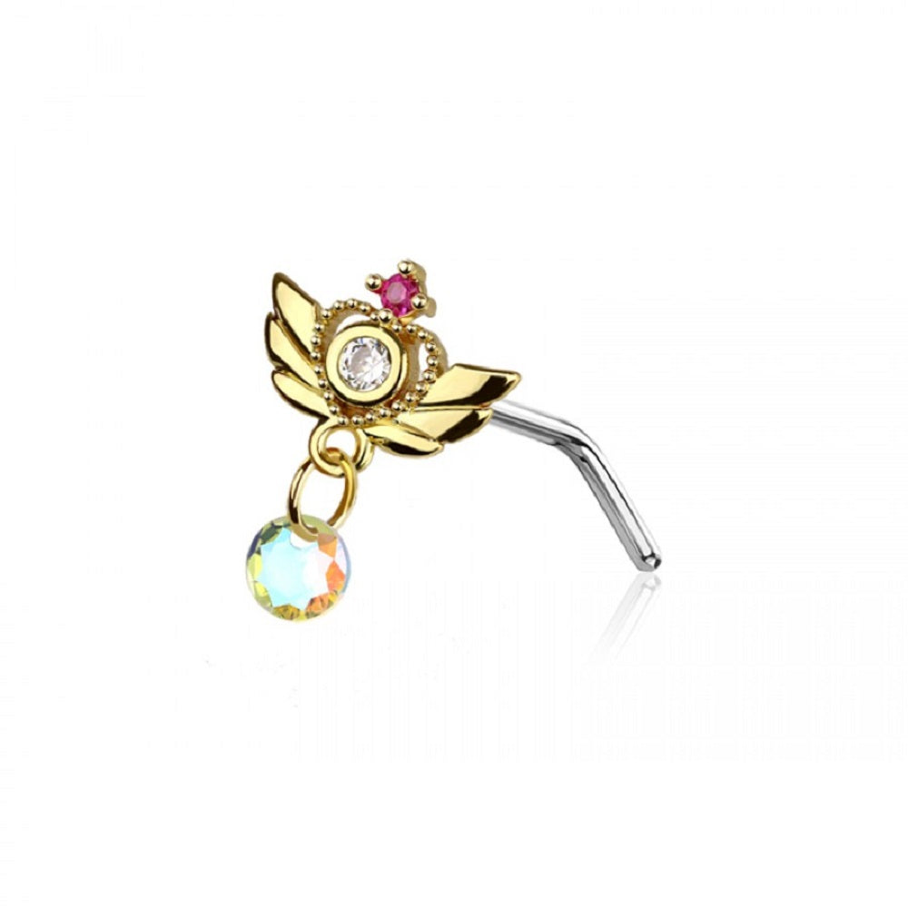 Winged Heart with Dangling Gem L-Bend Nose Stud - 316L Stainless Steel
