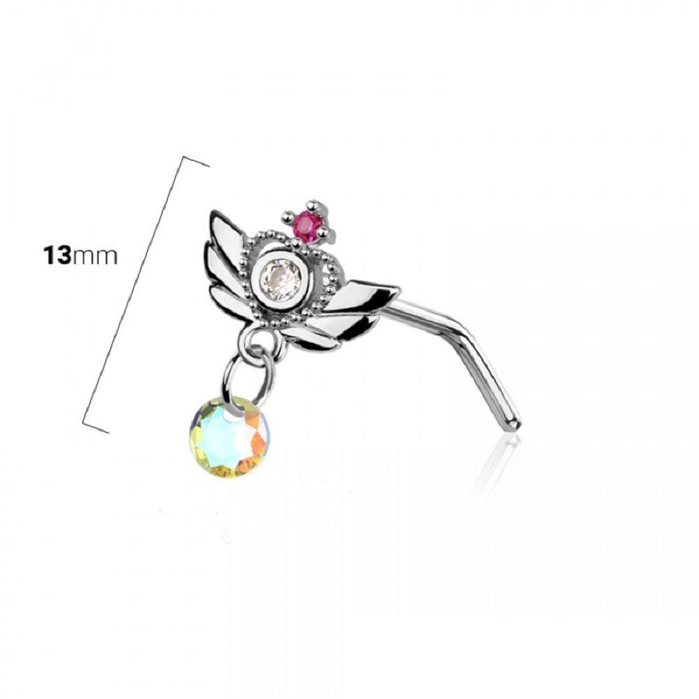 Winged Heart with Dangling Gem L-Bend Nose Stud - 316L Stainless Steel