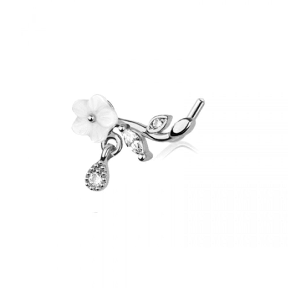 White Flower with Dangling CZ Crystal Teardrop L-Bend Nose Stud - 316L Stainless Steel
