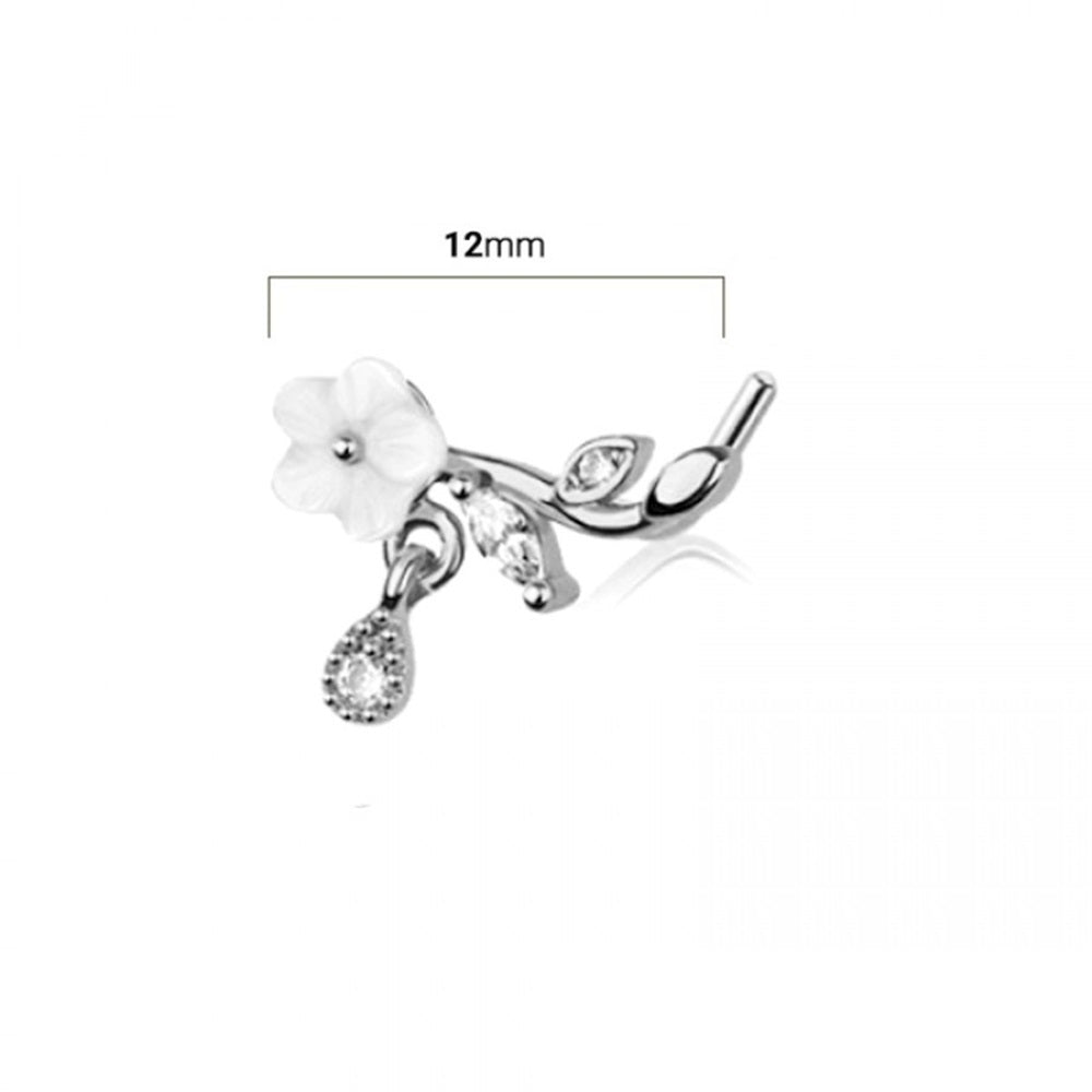 White Flower with Dangling CZ Crystal Teardrop L-Bend Nose Stud - 316L Stainless Steel