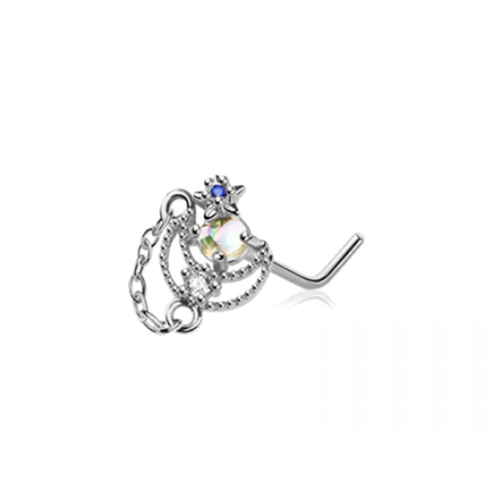 CZ Crystal Crescent Moon with Dangling Chain L-Bend Nose Stud - 316L Stainless Steel